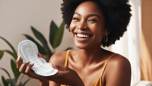 A happy black woman holding a sanitary pad (1)